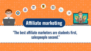 This image emphasizes the importance of continuous learning in affiliate marketing, quoting "The best affiliate marketers are students first, salespeople second.