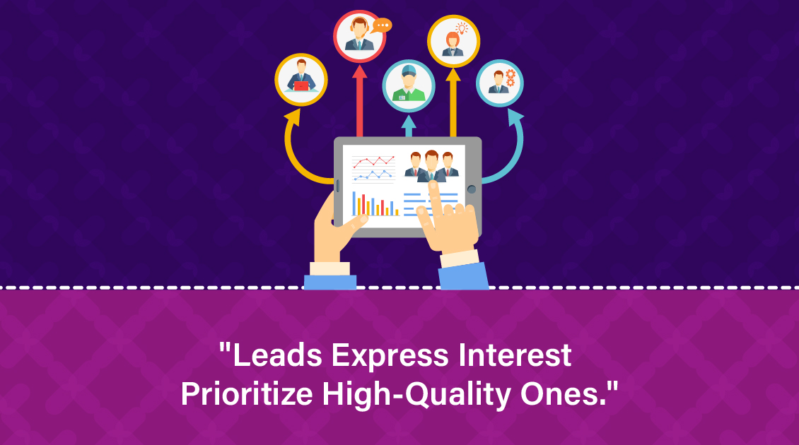Hands holding a tablet with charts and people icons representing leads, with the text 'Leads express interest, prioritize high-quality ones.