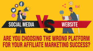 This image asks, "Is social media better than a website for affiliate marketing?" It depicts two people, one using social media and the other a website, prompting viewers to compare the platforms for affiliate marketing success.
